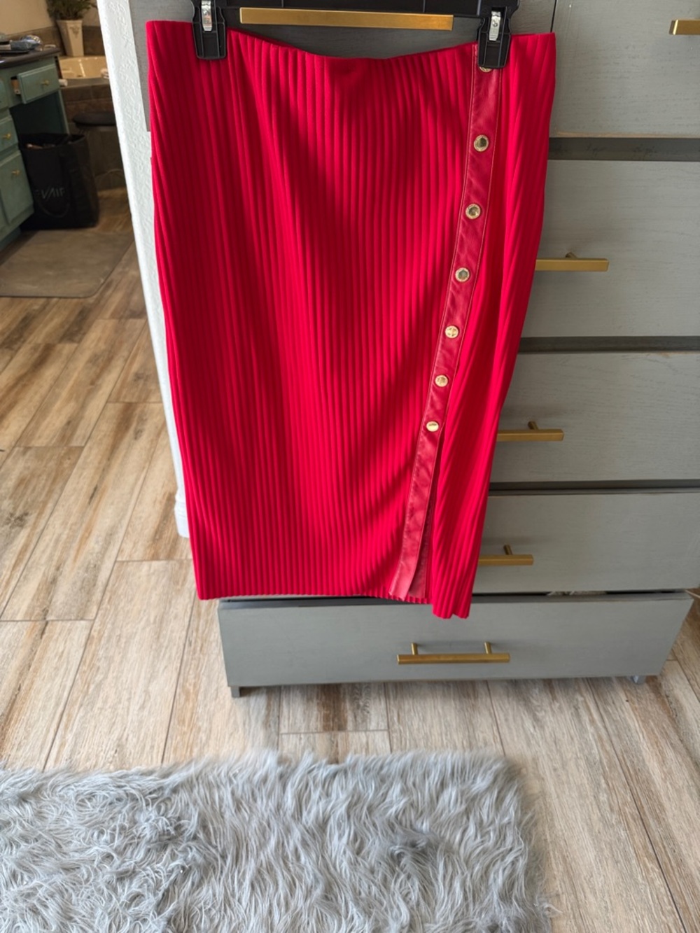 Women’s Red Ribbed Pencil Skirt with Side Button Trim